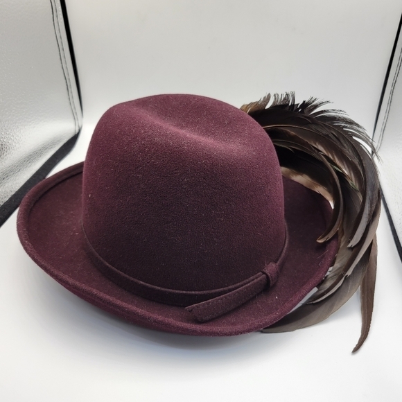 Vintage Adolfo II Wine Brimmed Fedora with Feather - Picture 3 of 8